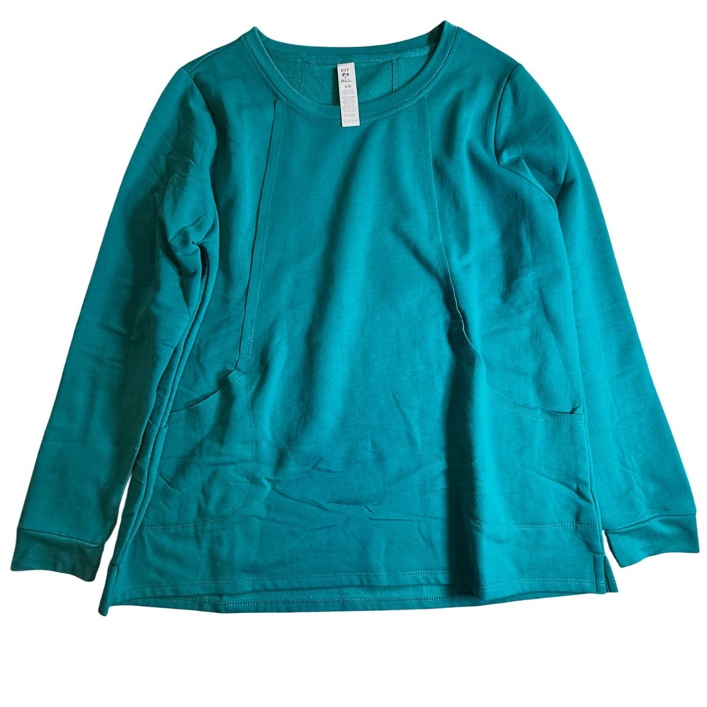 Fit 4 All Womens Teal Green Long Sleeve Fleece Sweatshirt Pockets XS RN45749